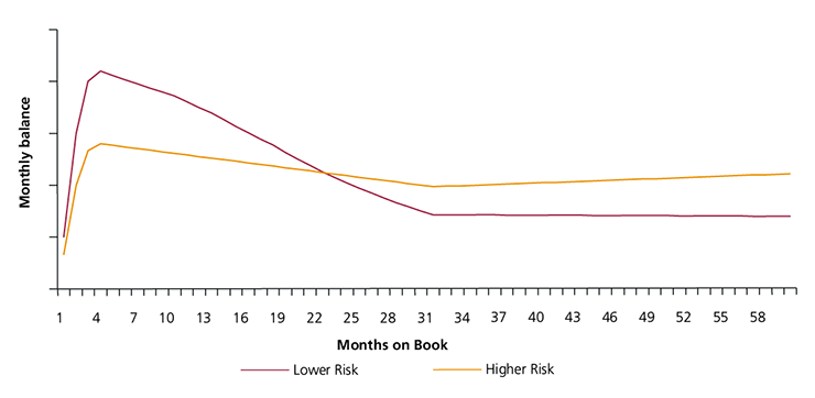 Figure 12: Example monthly balance for a long-term balance transfer offer for a lower risk and a higher risk cohort of consumers