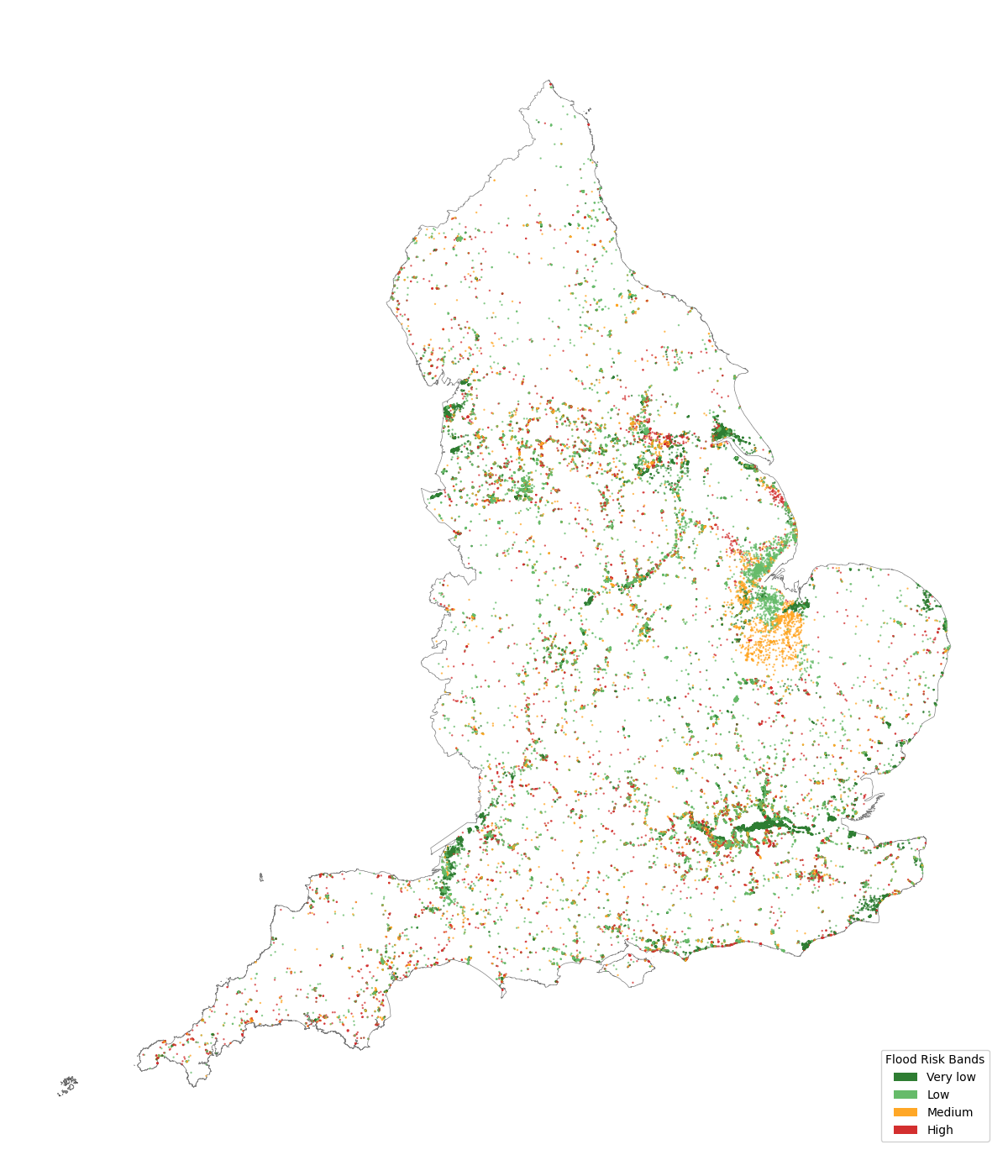 Map of England showing river and sea flood risk classifications for postcode centroids. 