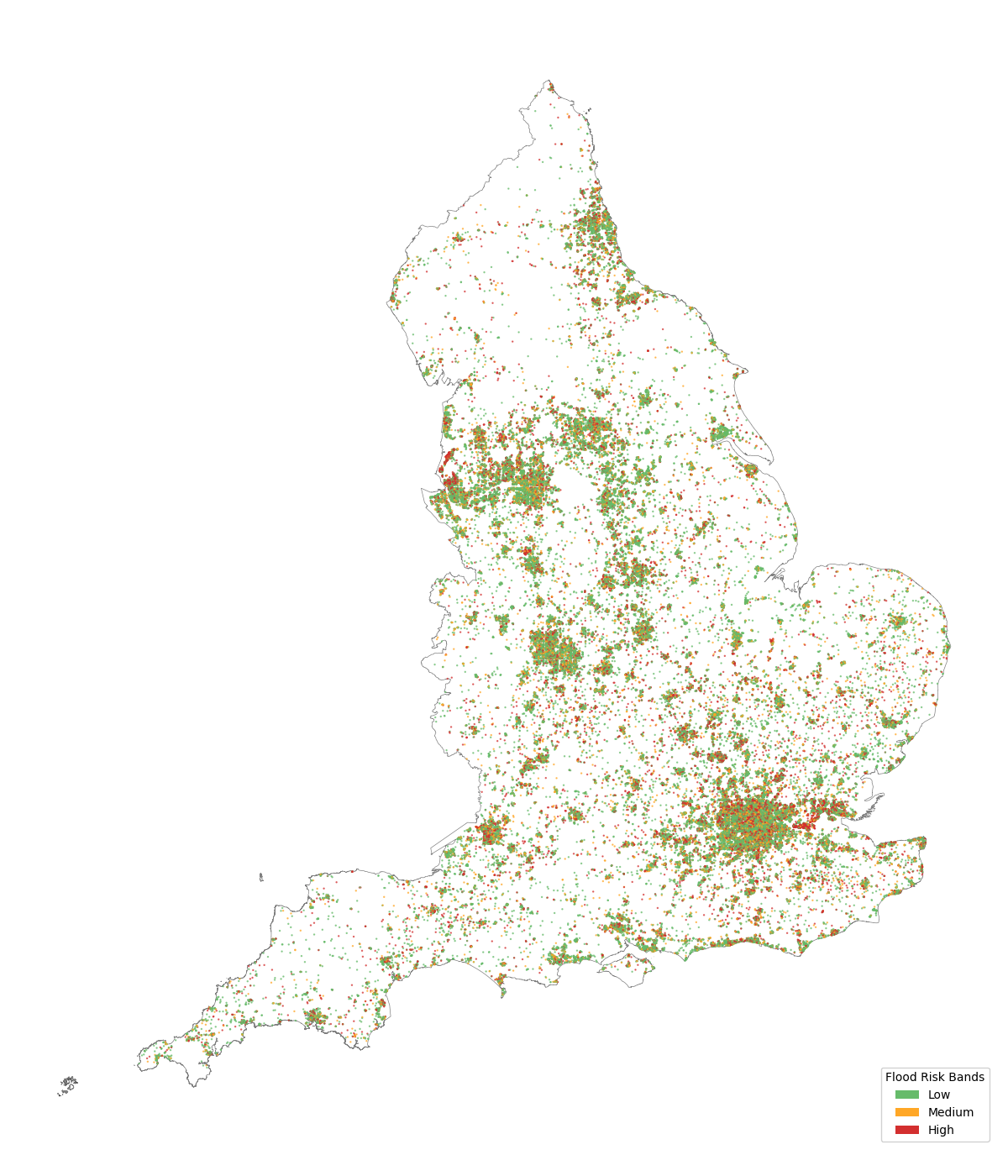 Map of England showing surface water flood risk classifications for postcode centroids.
