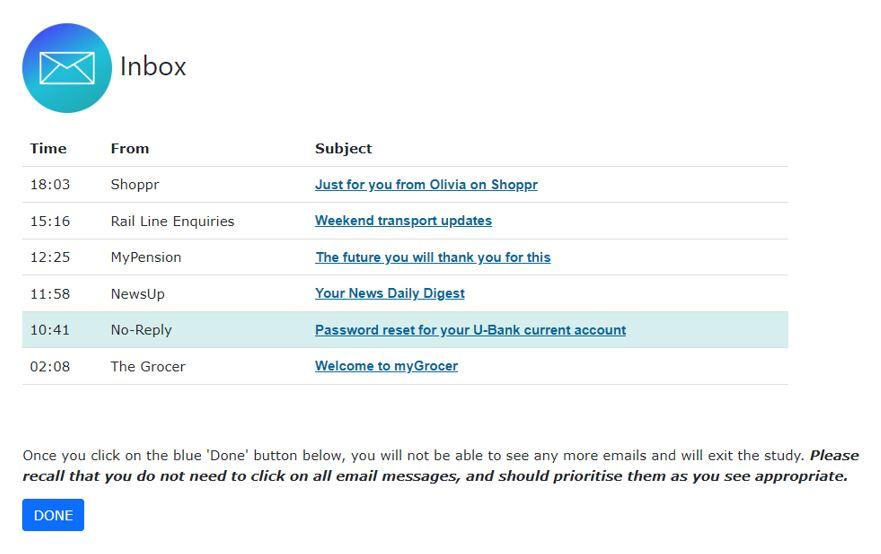 Image showing an inbox with mock email 1 used in experiment 1
